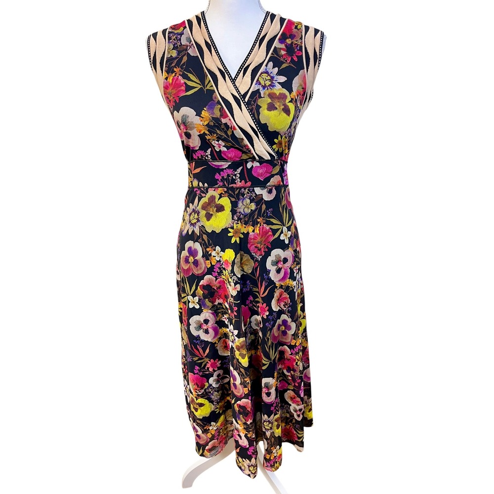 FUZZI Dark Floral Midi Dress M Stretch Made Italy Boho Chic Wedding Guest Party